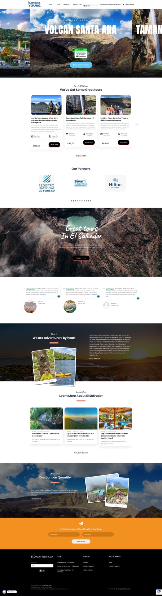 Captura del sitio web El Salvador Positive Tour: portada y tours